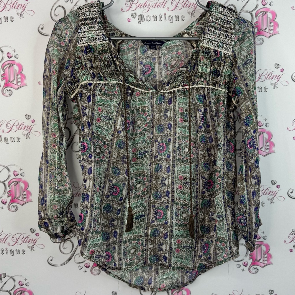 American Eagle Outfitters long sleeve tassle bright shiny Multicolor Boho Blouse